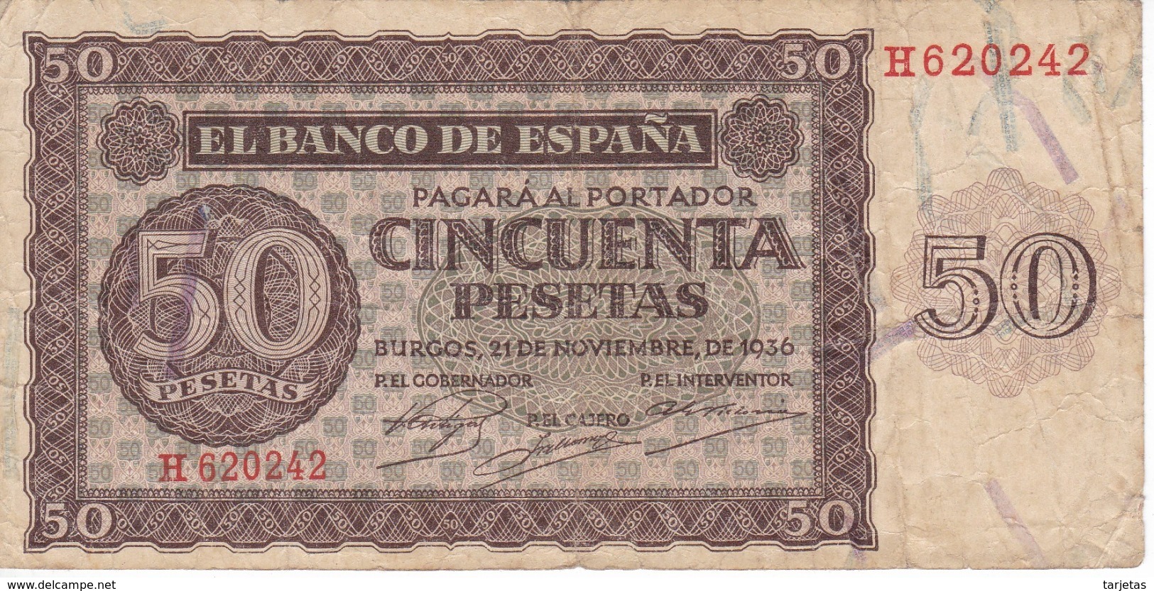 BILLETE DE BURGOS DE 50 PTAS DEL 21/11/1936 SERIE H  (BANKNOTE) - 50 Pesetas