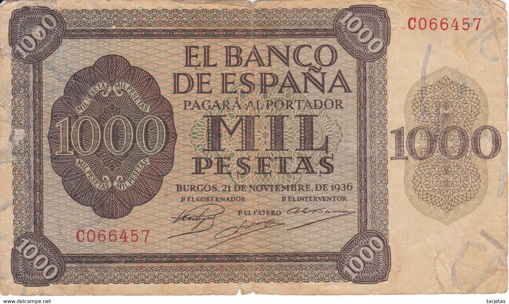 BILLETE DE ESPAÑA DE 1000 PTAS DEL AÑO 1936 DE BURGOS SERIE C  (DIFÍCIL Y RARO) - 1000 Pesetas