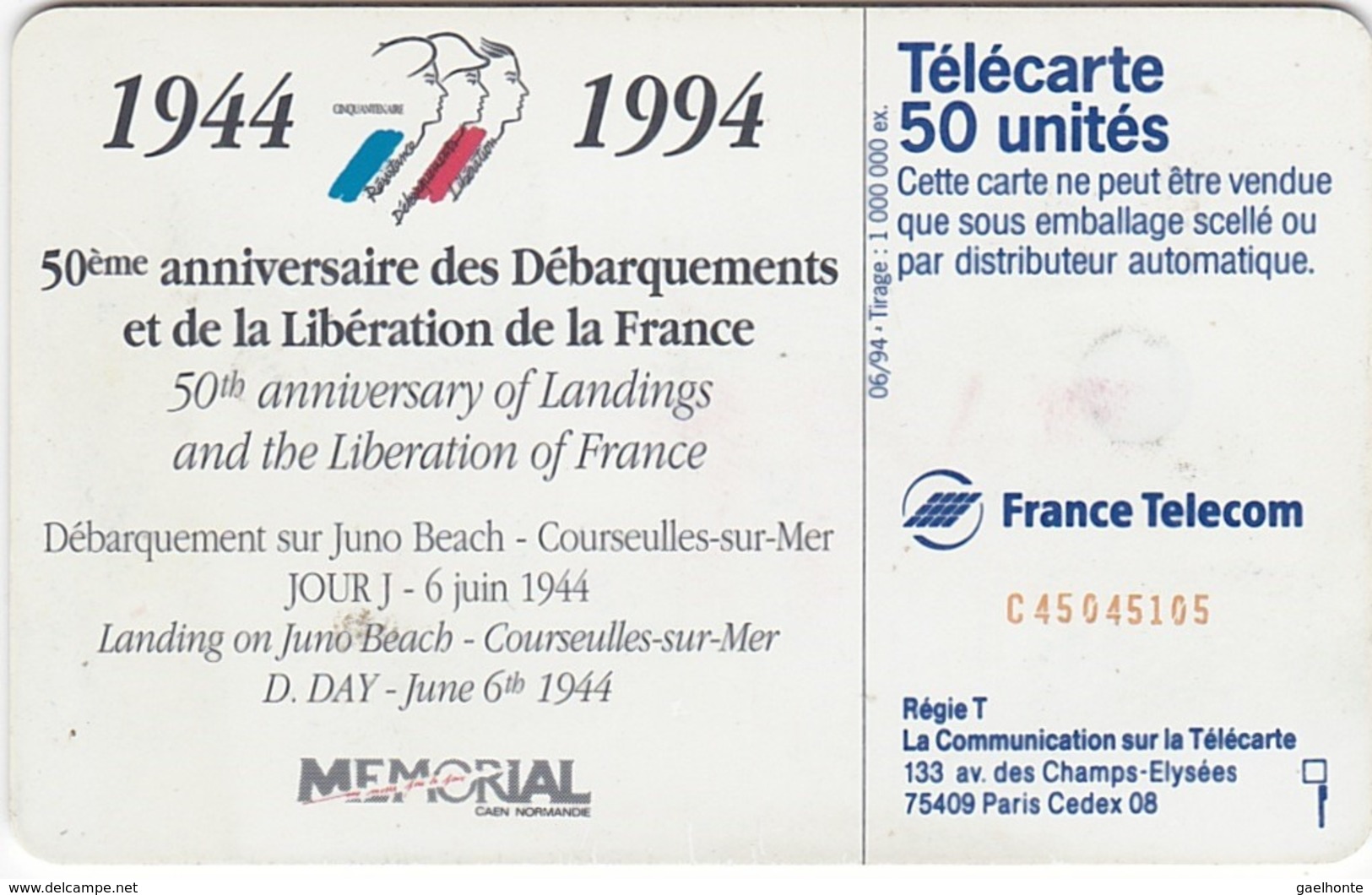 TC118 TÉLÉCARTE 50 UNITÉS - 1944-1994 - 50ème ANNIVERSAIRE DES DEBARQUEMENTS... - COURSEULLE SUR MER 06 JUIN 1944 - Leger