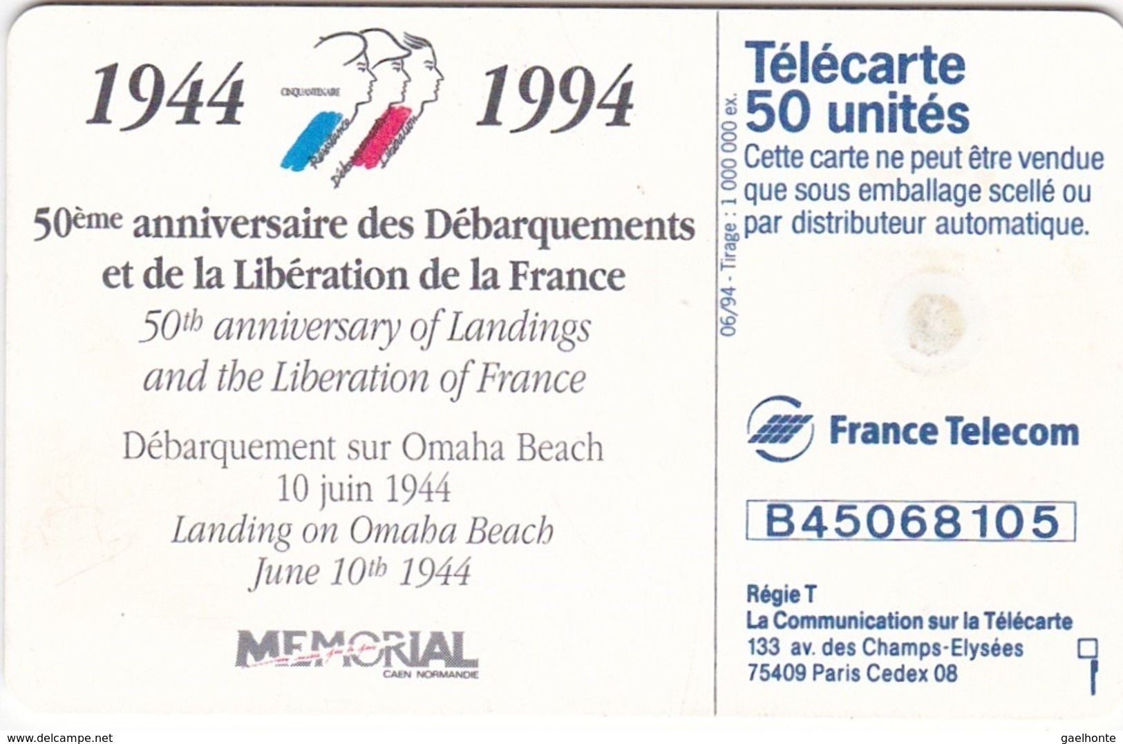 TC119 TÉLÉCARTE 50 UNITÉS - 1944-1994 - 50ème ANNIVERSAIRE DES DEBARQUEMENTS... - OMAHA BEACH 10 JUIN 1944 - Leger