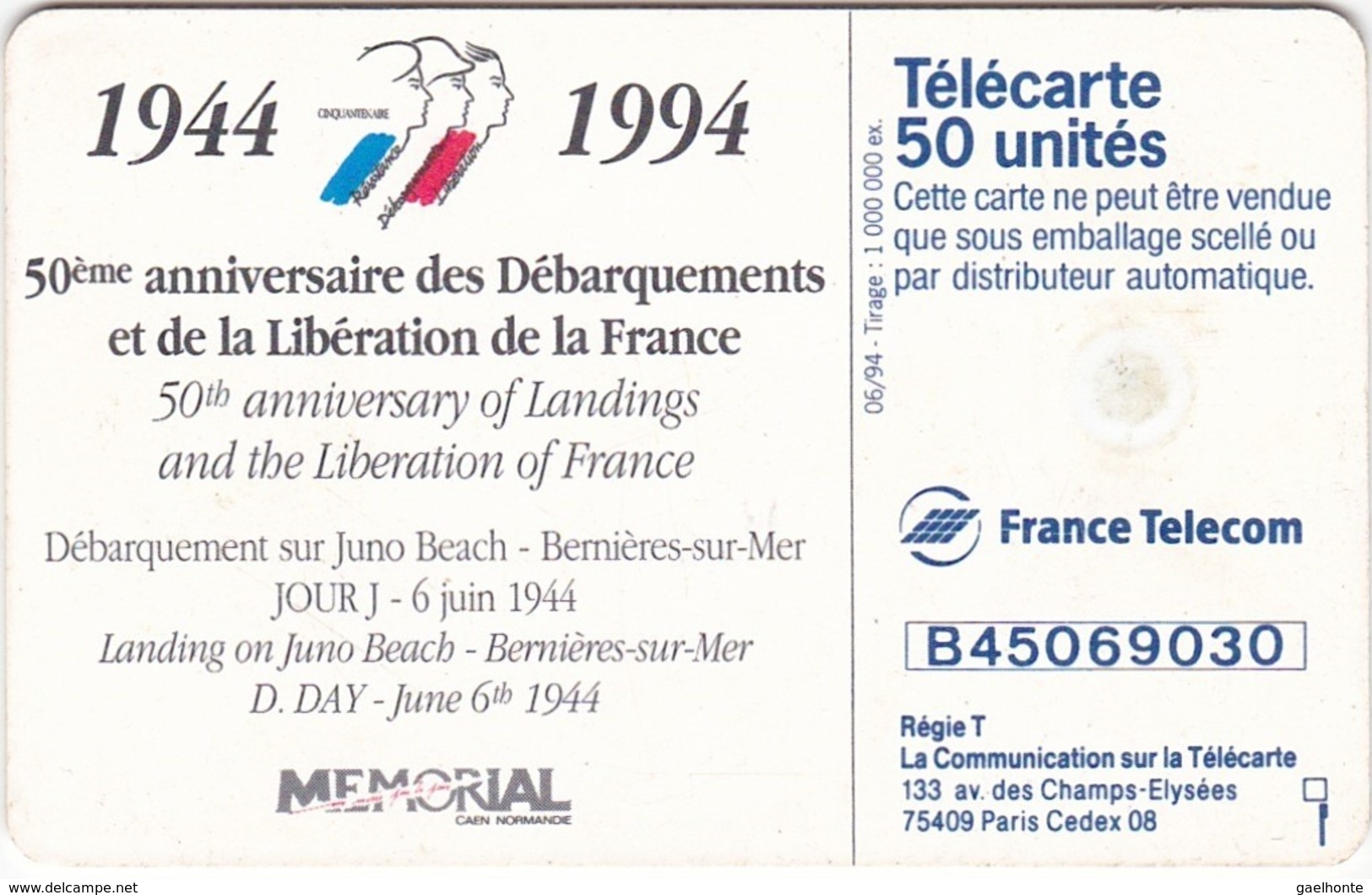 TC120 TÉLÉCARTE 50 UNITÉS - 1944-1994 - 50ème ANNIVERSAIRE DES DEBARQUEMENTS... - BERNIERES SUR MER 06 JUIN 1944 - Leger