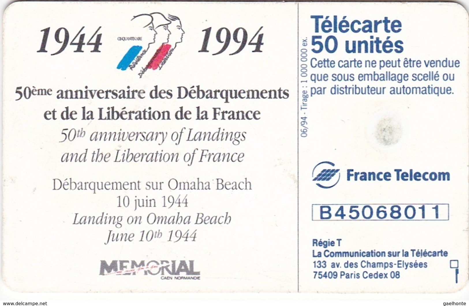 TC122 TÉLÉCARTE 50 UNITÉS - 1944-1994 - 50ème ANNIVERSAIRE DES DÉBARQUEMENTS... - OMAHA BEACH 10 JUIN 1944 - Army