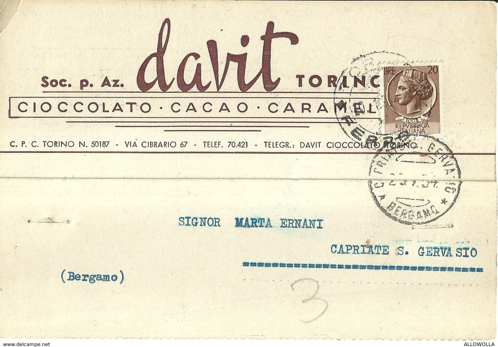 5382 "SOC. P. AZ. DAVIT-TORINO-CIOCCOLATO-CACAO-CARAMELLE " CARTOLINA POSTALE ORIGINALE SPEDITA 1954 - Altri & Non Classificati