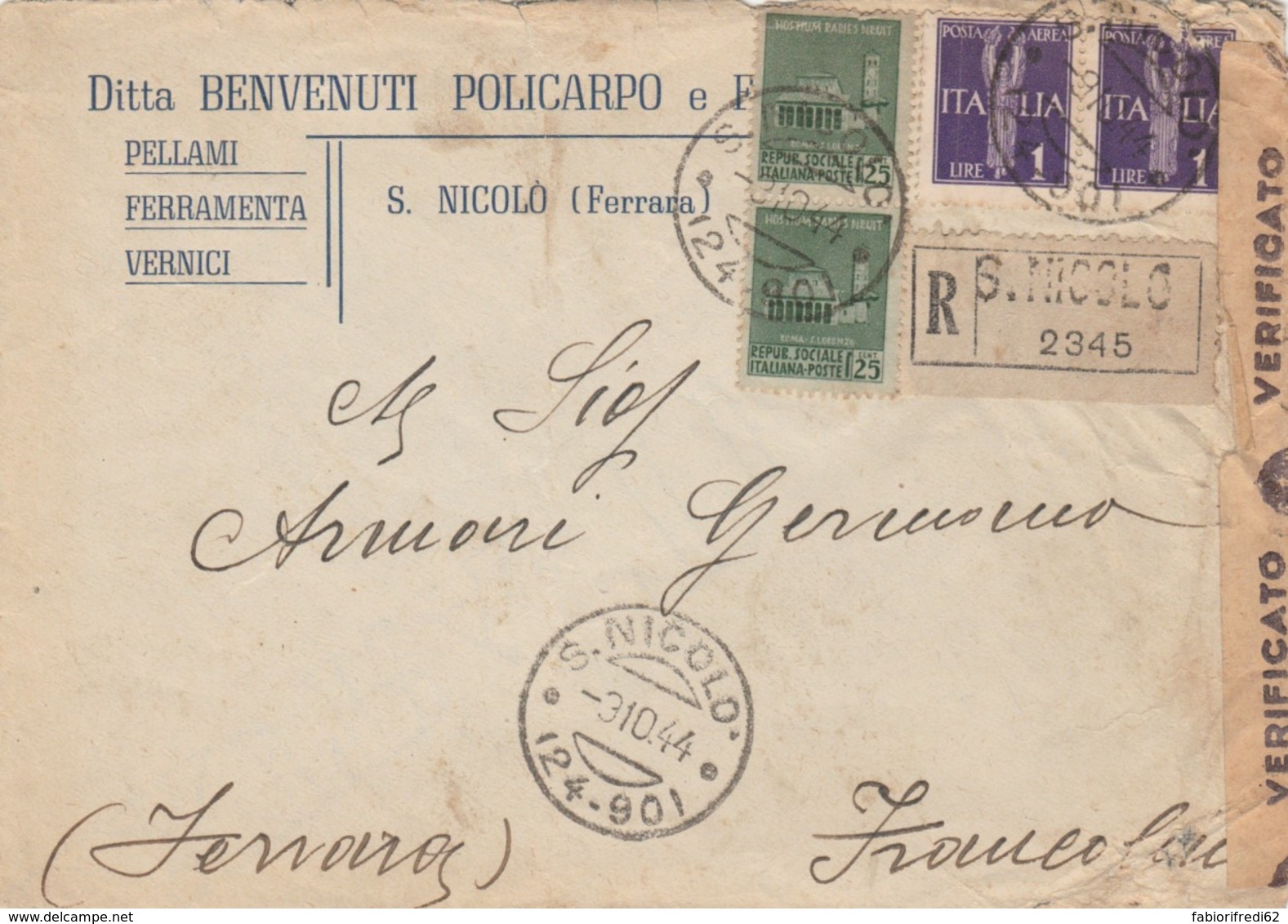 RACCOMANDATA RSI 1944 2X25 MONUM,+2X1 PA TIMBRO S.NICCOLO' (IX1070 - Storia Postale