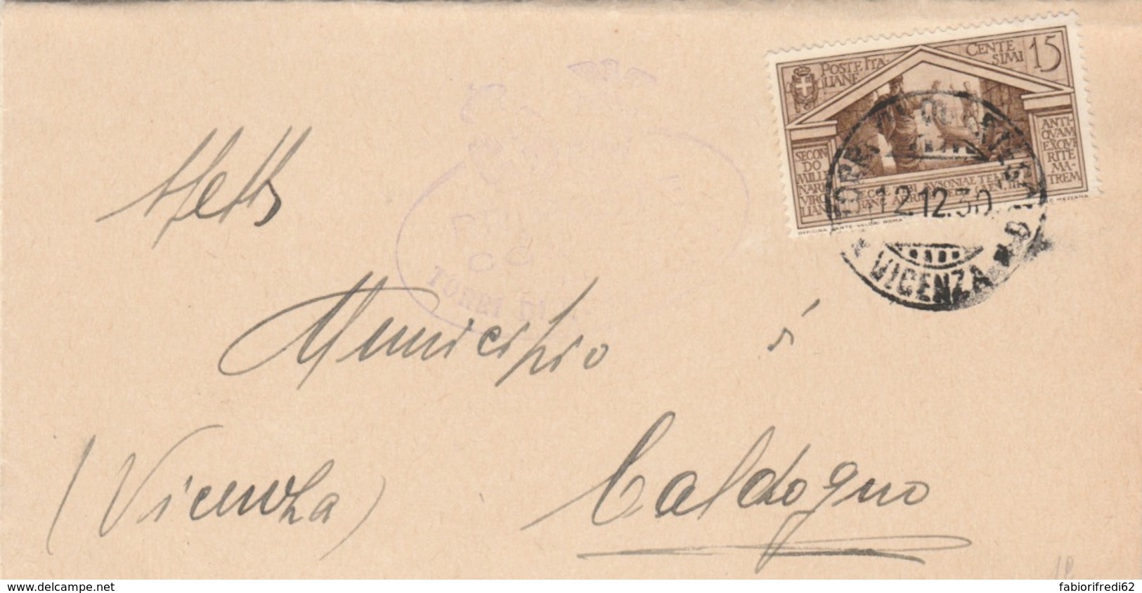 LETTERA 1930 C.15 VIRGILIO TIMBRO VICENZA (IX1066 - Marcophilie