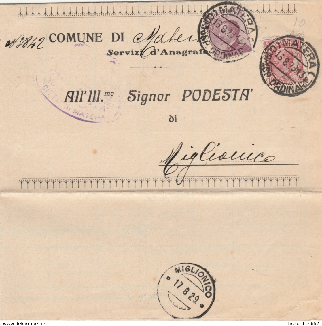 LETTERA 1929 20+10 C. TIMBRO MIGLIONICO MATERA (IX1060 - Storia Postale