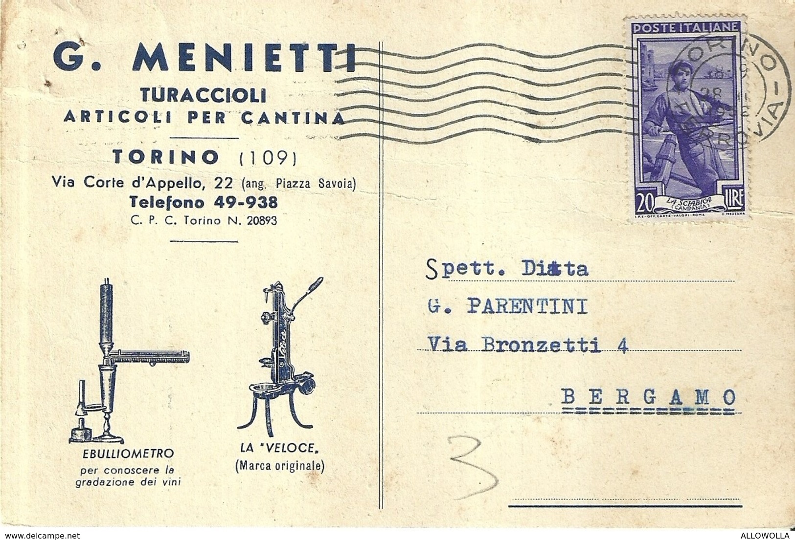 5383 " G. MENIETTI-TURACCIOLI - ARTICOLI PER CANTINA - TORINO" CARTOLINA POSTALE ORIGINALE SPEDITA 1952 - Altri & Non Classificati