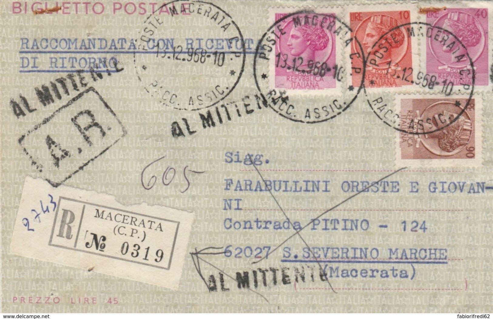 BIGLIETTO POSTALE INTERO 1968 40 L. +40+10+90 RACCOMANDATO AL MITTENTE TIMBRO MACERATA  (IX962 - Interi Postali