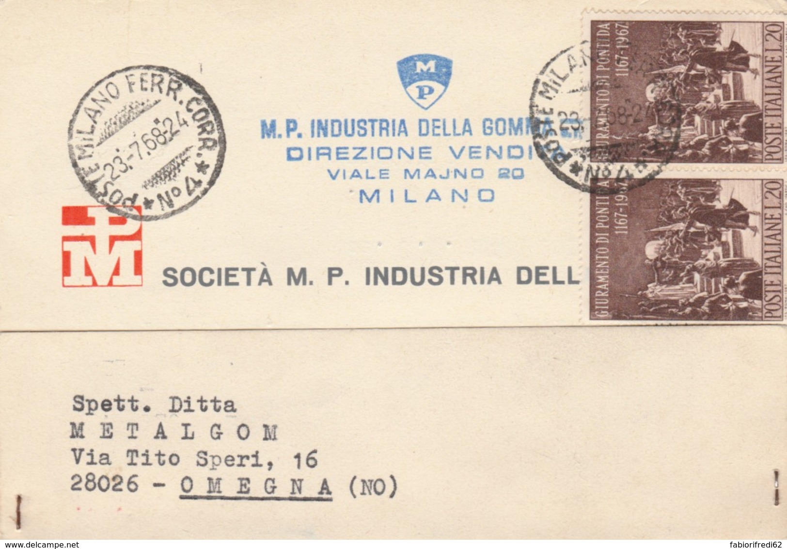 CARTOLINA POSTALE 1968 2X20 GIURAMENTO PONTIDA -INDUSTRIA DELLA GOMMA (IX966 - 1961-70: Marcophilia