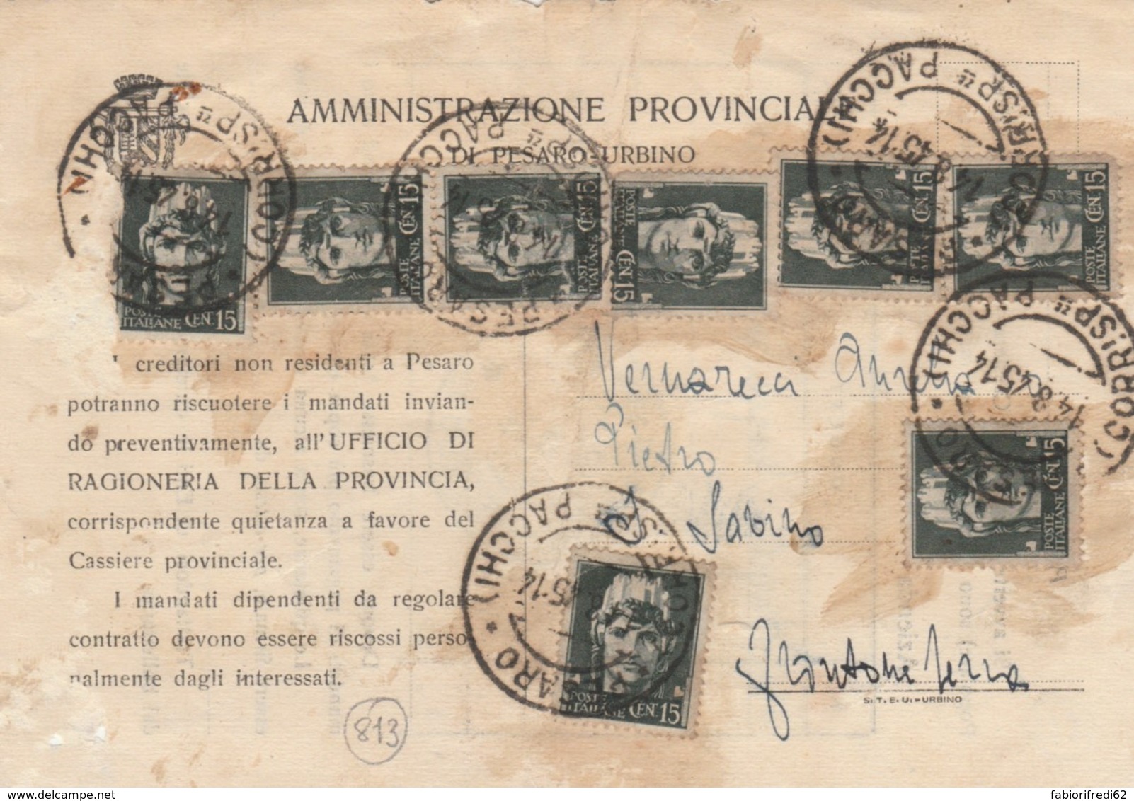 CARTOLINA POSTALE 1945 LUOGOTENENZA 8X15 C. TIMBRO PESARO FRONTONE SERRA (IX1031 - Storia Postale