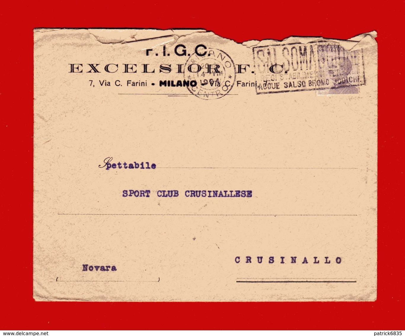 -1924 - F.I.G.C. EXCELSIOR. Da MILANO à CRUSINALLO. Targhetta SALSOMAGGIORE - Marcophilie