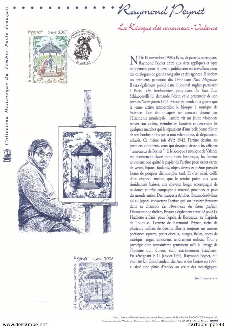 Collection Historique 1er Jour Raymond Peynet Valence 4.11.00 N°3359 Le Kiosque Des Amoureux - Documents Of Postal Services