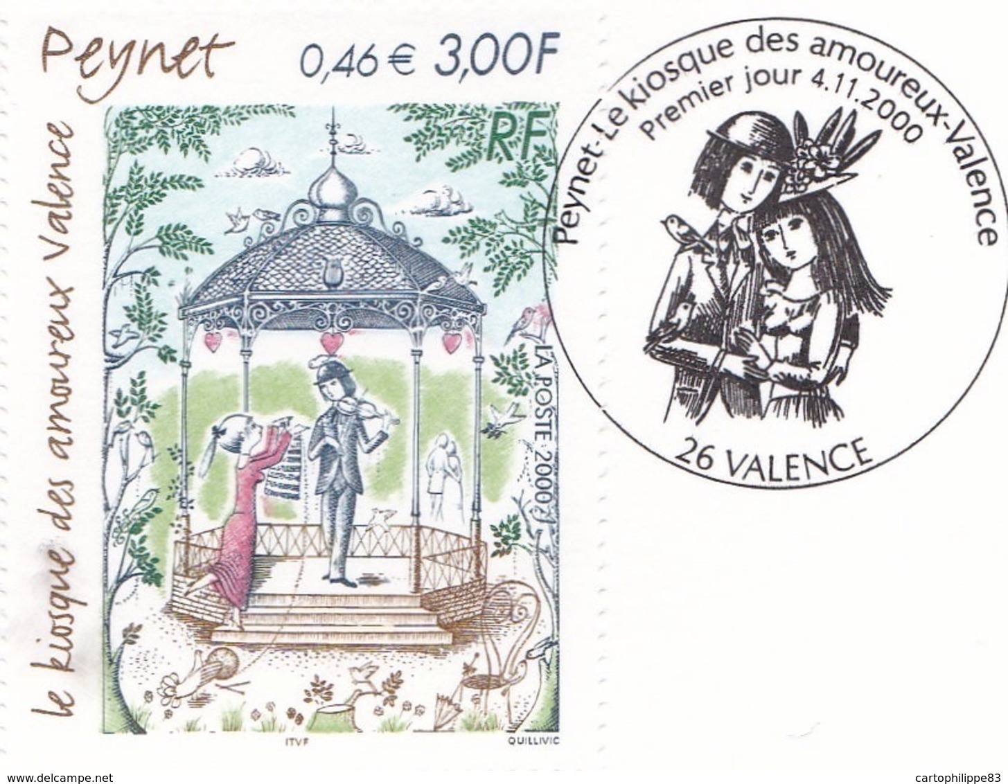 Collection Historique 1er Jour Raymond Peynet Valence 4.11.00 N°3359 Le Kiosque Des Amoureux - Documenten Van De Post