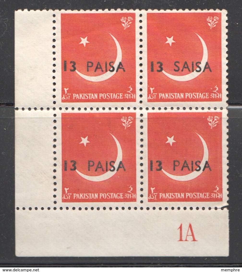 1961  13 Paisa Surcharge On 2 A Scarlet  SG 127 Corner Block Of 4  «SAISA» Error  MU ** - Pakistan