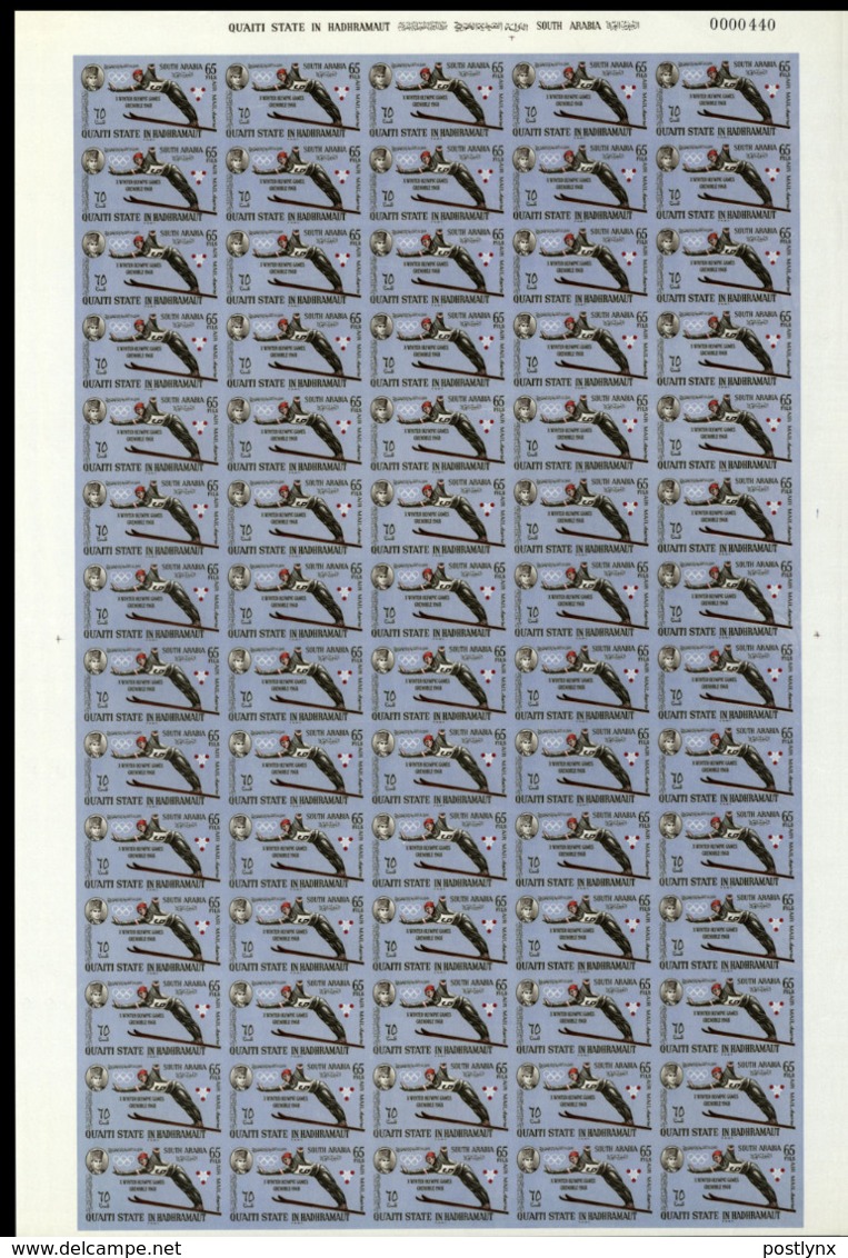Qu'aiti State In Hadhramaut 1967 Olympics Grenoble Skijumping Air Mail 65Fils COMPLETE IMPERF:SHEET:70 Stamps Aden - Winter 1968: Grenoble