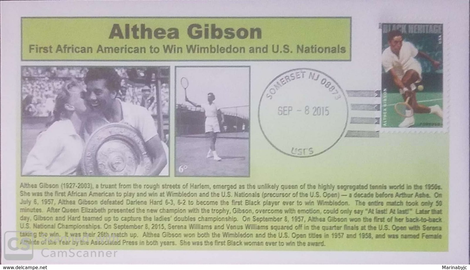 V) 2015 USA, ALTHEA GIBSON, FIRST AFRICAN AMERICAN TO WIN WIMBLEDON AND U.S NATIONALS, BLACK CANCELLATION, OVERPRINT IN - 2011-...