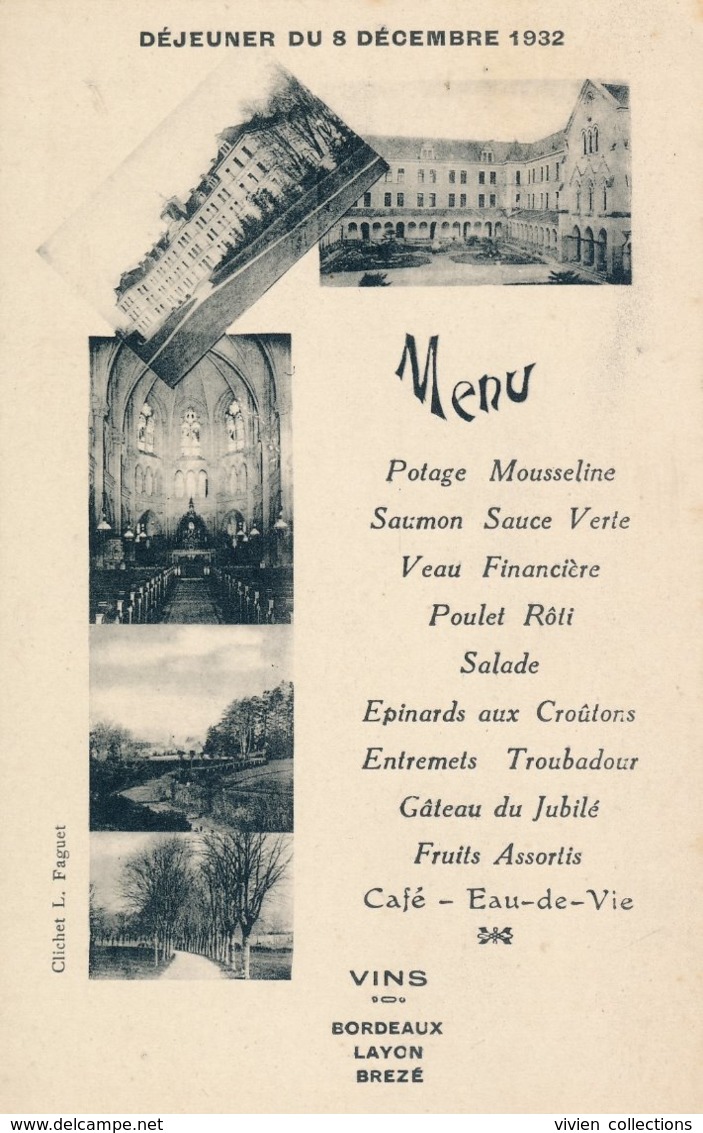 Institution Libre De Combrée (49 Maine Et Loire) Menu Du Déjeuner Du 8 Décembre 1932 - Invitation De L'evêque D'Angers ? - Autres & Non Classés