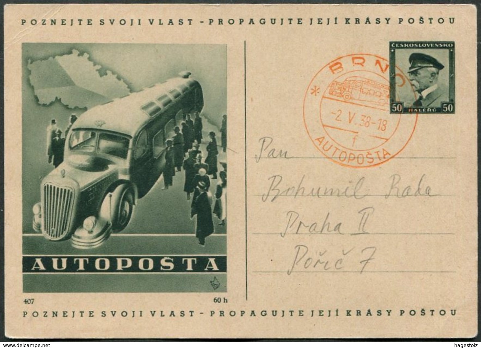 BUS Mobile Post Office Czechoslovakia 1938 BRNO AUTOPOSTA "f" Illustrated Stationery Card Autobus Automobil-Postbureau - Busses