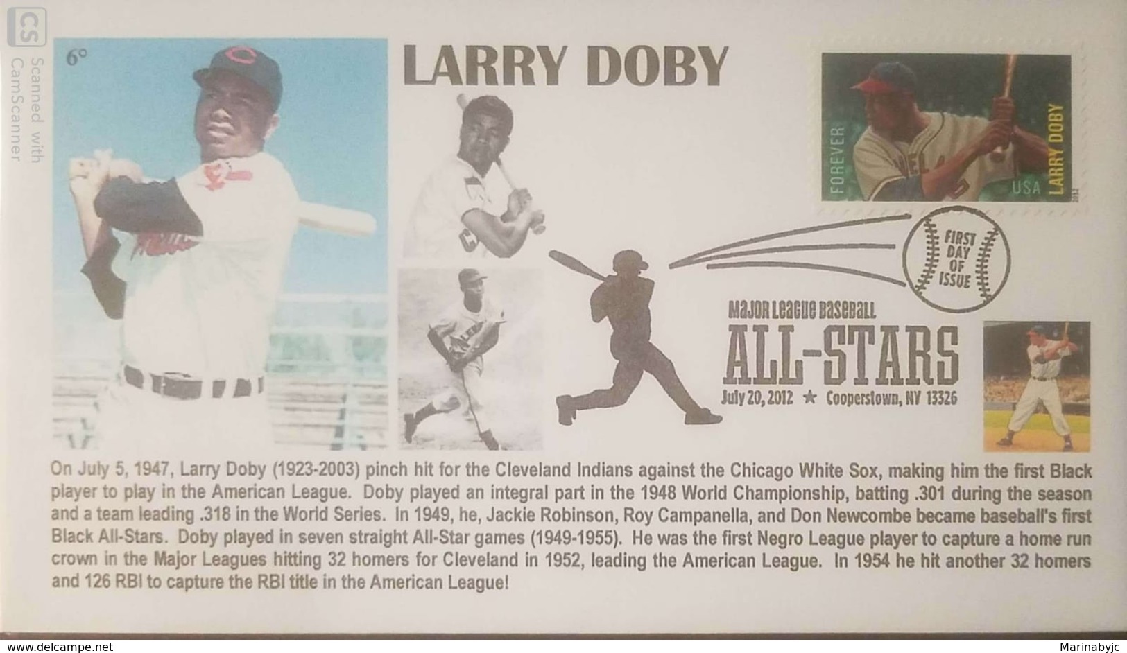 V) 2012 USA, LARRY DOBY, FOREVER, ALL STARS, MAJOR LEAGUE BASEBALL,  FOREVER STAMPS, WITH SLOGAN CANCELATION IN BLACK, F - 2011-...