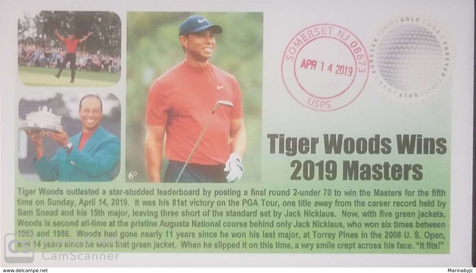 V) 2019 USA, TIGER WOODS WINS 2019 MASTERS, GOLF, FOREVER STAMPS, ODD SHAPE, RED CANCELLATION, FDC - 2011-...