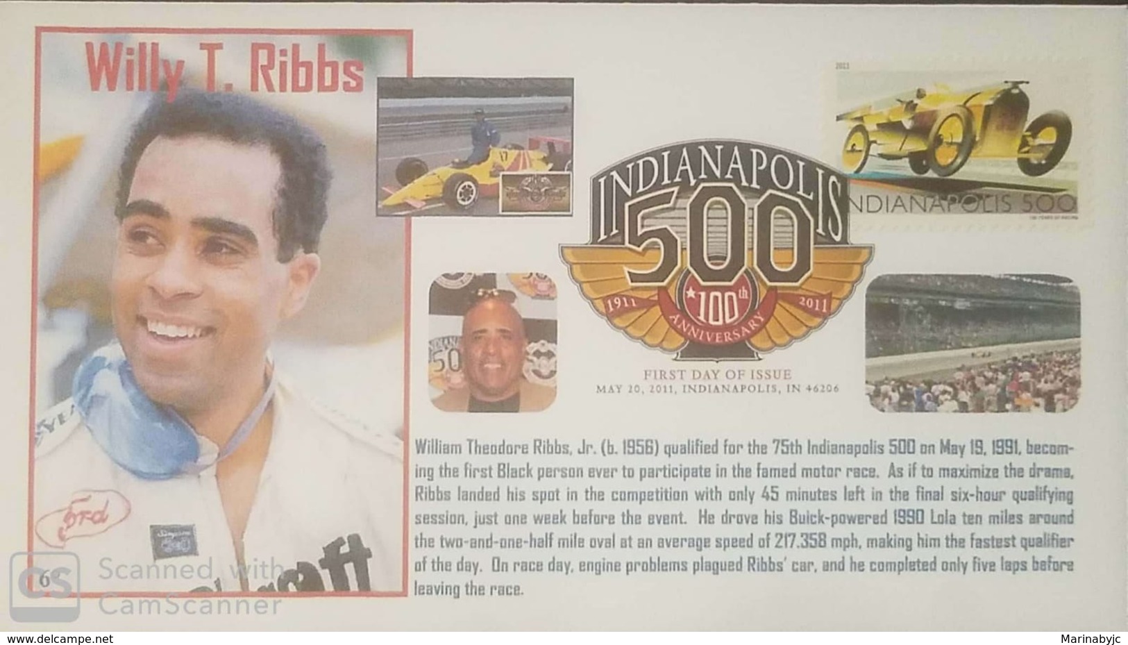 V) 2011 USA, 100TH ANNIVERSARY, INDIANAPOLIS 500, WILLY T. RIBBS, WITH SLOGAN CANCELATION , FDC - 2011-...