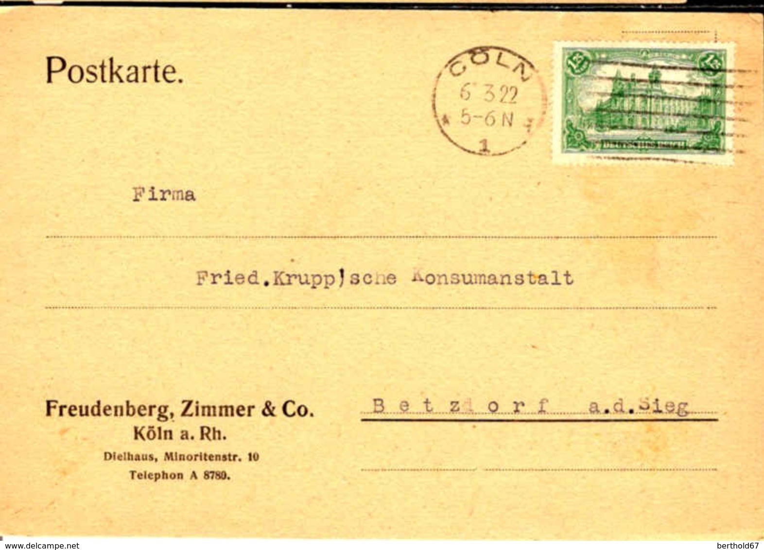 Allemagne Poste Obl Yv:113 Mi:113 Reichspostamt In Berlin (TB Cachet à Date) Carte Cöln 6-3-22 - Covers & Documents