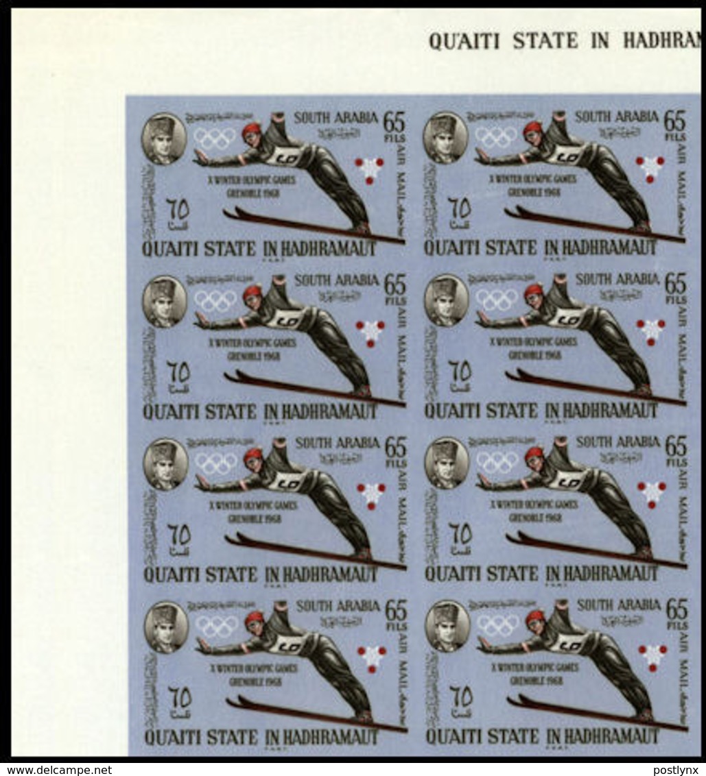 Qu'aiti State In Hadhramaut 1967 Olympics Grenoble Skijumping Air Mail 65Fils 8-BLOCK CORNER Aden South Arabia - Winter 1968: Grenoble