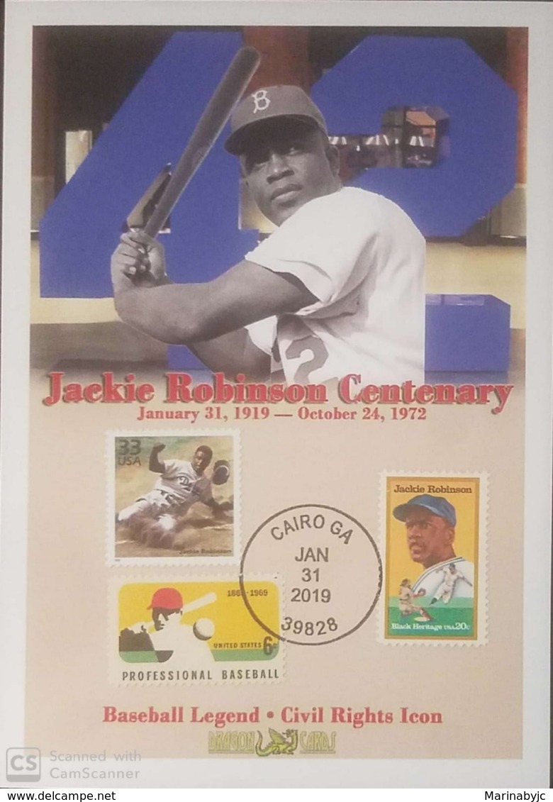 V) 2019 USA, JACKIE ROBINSON CENTENARY, BASEBALL LEGEND, BLACK CANCELLATION, FDC - 2011-...