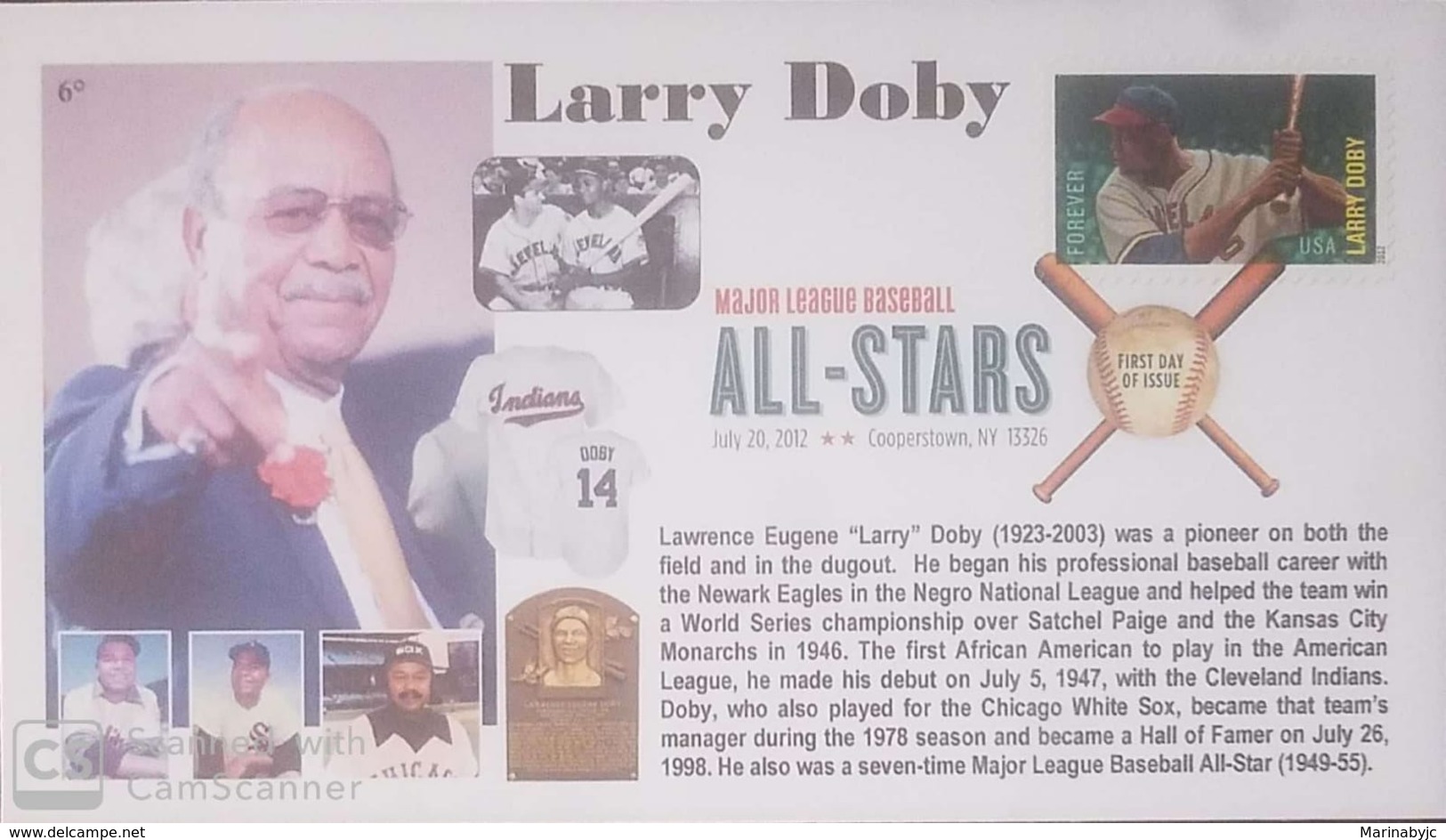 V) 2012 USA, LAWRENCE EUGENE "LARRY" DOBY, PIONEER ON BOTH THE FIELD AND IN THE DUGOUT, BASEBALL, WITH SLOGAN CANCELATIO - 2011-...