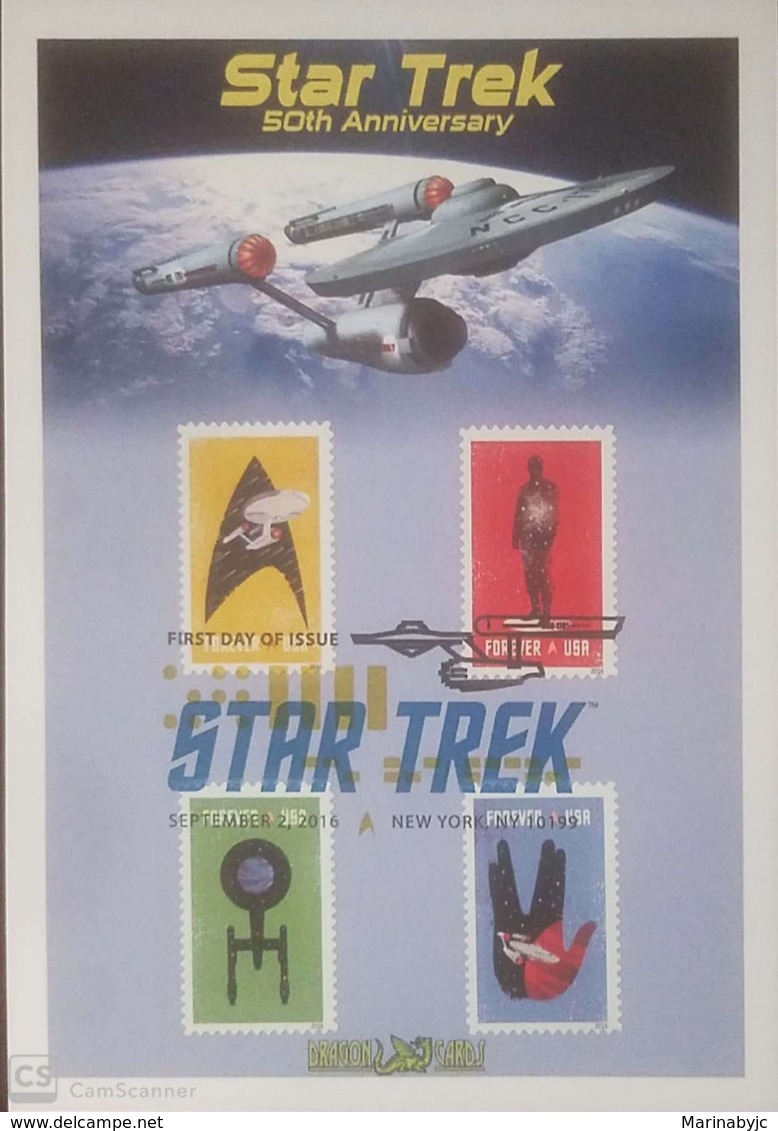 V) 2016 USA, STAR TREK, 50TH ANNIVERSARY, FOREVER STAMPS, WITH SLOGAN CANCELATION IN BLACK, FDC - 2011-...