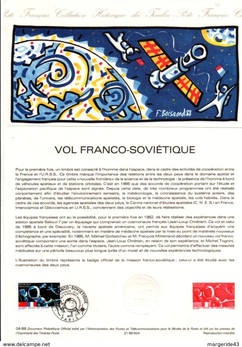 DOCUMENT FDC 1989 ESPACE VOL FRANCO-SOVIETIQUE - Documents De La Poste