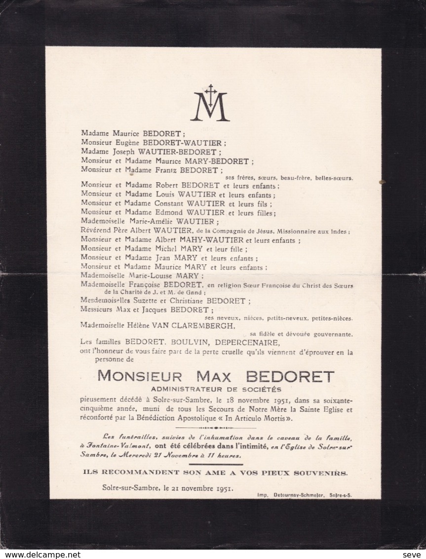 SOLRE-SUR-SAMBRE FONTAINE-VALMONT Max BEDORET Administrateur De Sociétés  65 Ans 1951 Famille WAUTIER MARY - Avvisi Di Necrologio