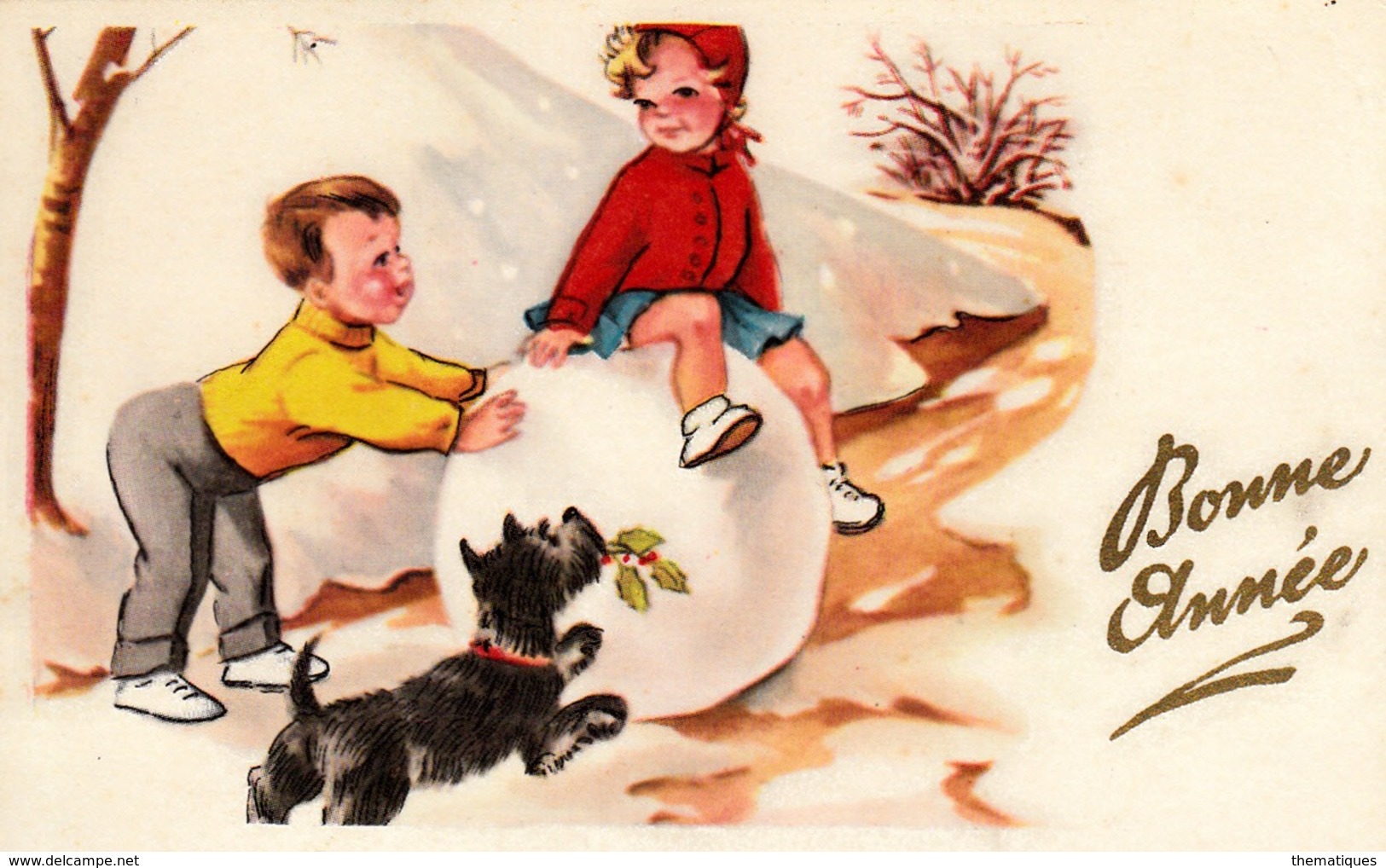 Thematiques Voeux Mini CP Bonne Année Enfants Jouant Dans La Neige Chien N° 63 Dessin Illustrateur Connu - Anno Nuovo