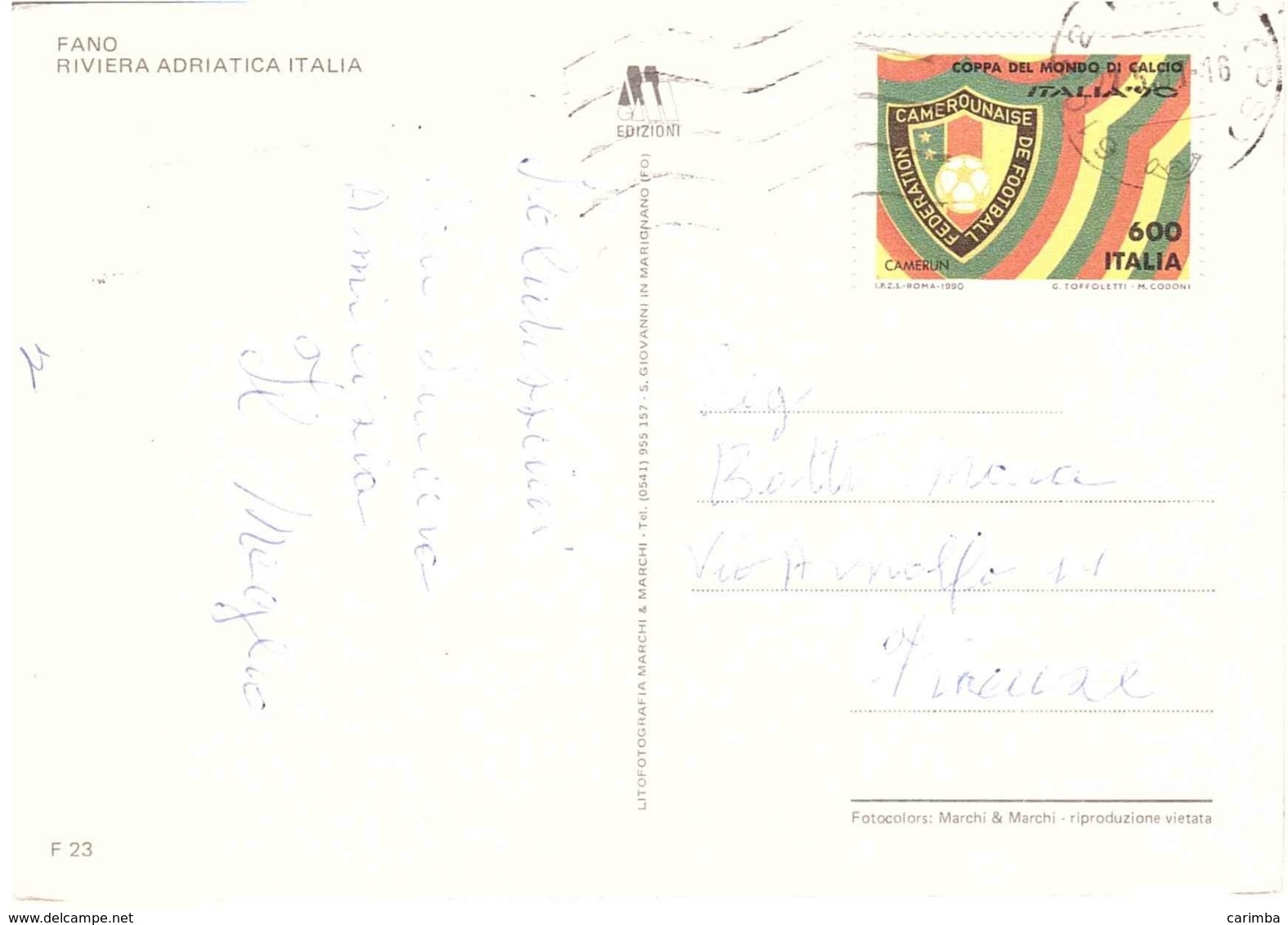 1990 £600 COPPA DEL MONDO DI CALCIO CAMERUN SU CARTOLINA FANO - Fano