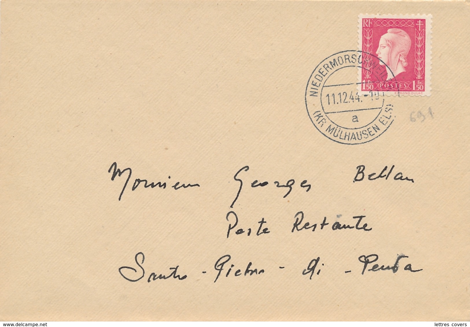 DULAC 691 Obl Cachet Allemand " NIEDERMORSCHWEILER ( KR MÜLHAUSEN ELS ) 11/12/44 " Sur Lettre - Briefe U. Dokumente