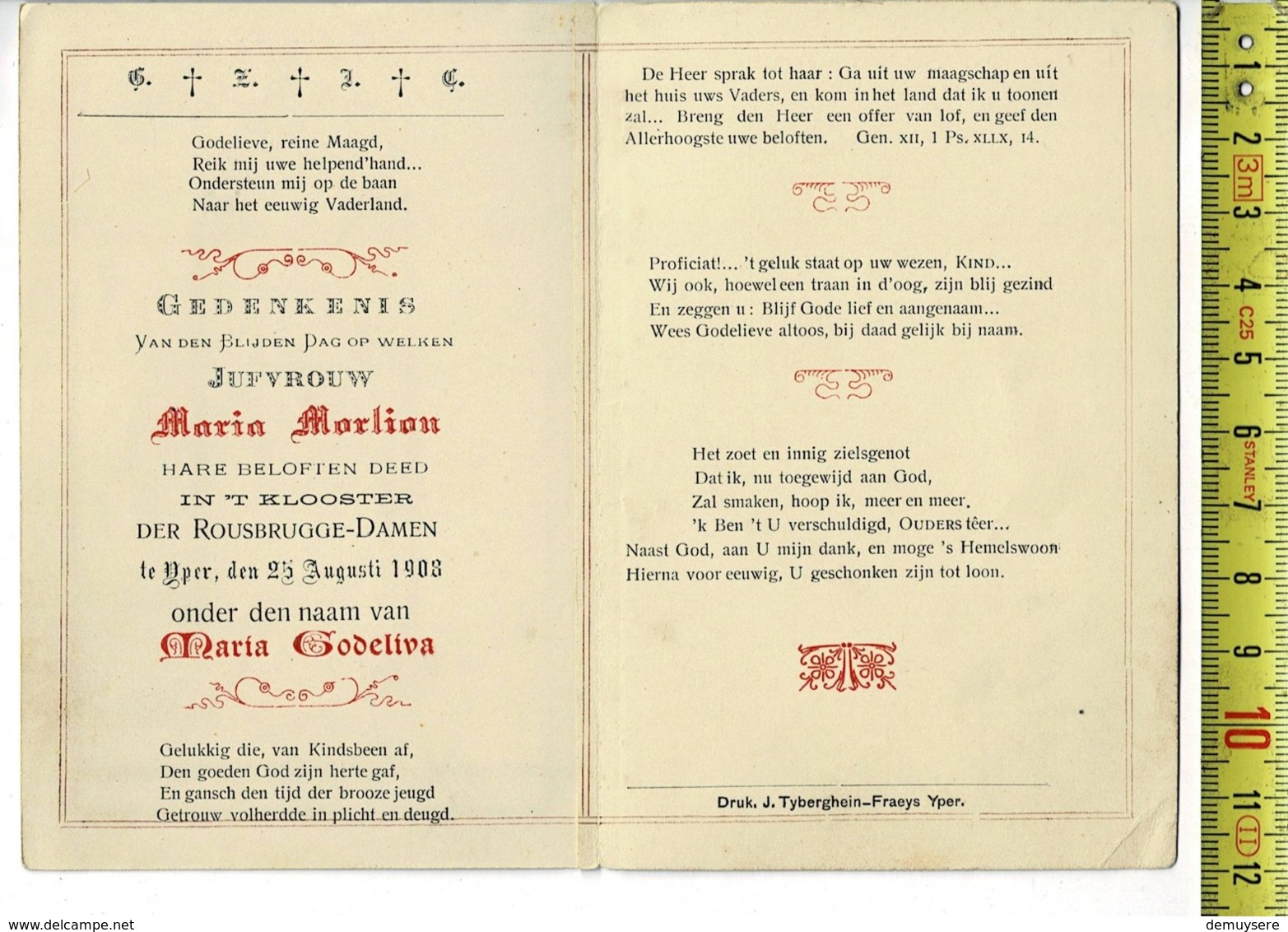 KL B029 - S. GODELIVA VIRGO ET MARTYR - Kloosterbelofte Van MARIA MORLION - ROUSBRUGGE DAMME 1908 - Santini