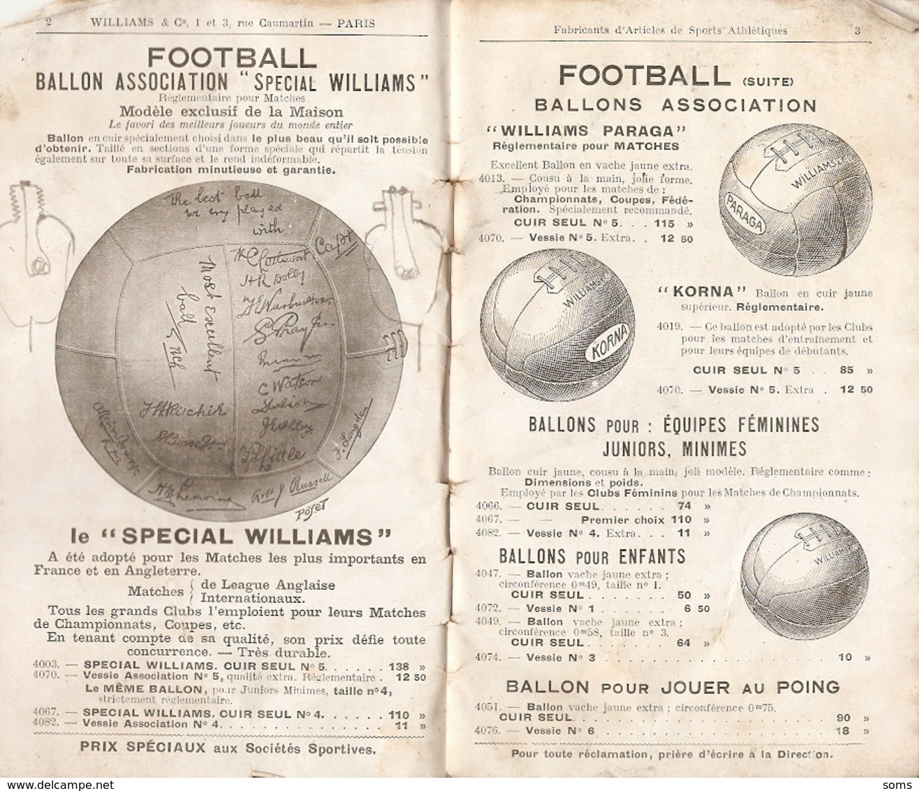 Catalogue Williams & Co Sports, Succursale De Bordeaux, Prix 1928-29, Football, Course, Ski, Boxe, Escrime, 44 Pages - Autres & Non Classés
