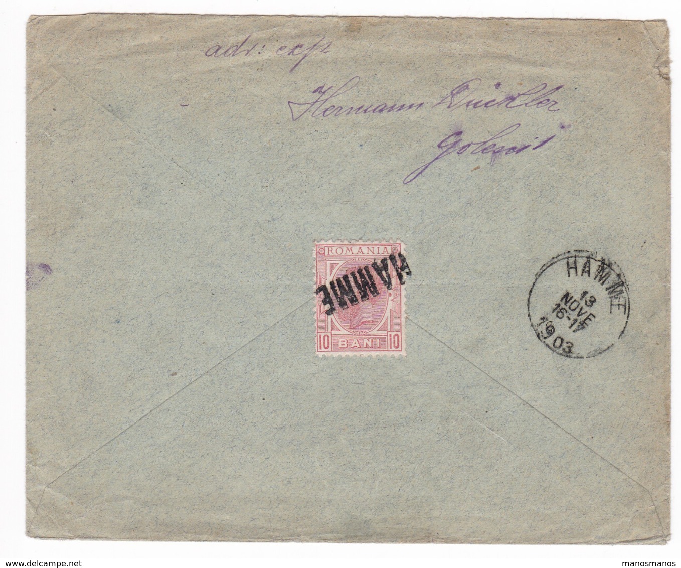 172/30 - Enveloppe TP Roumanie BRAILA 1903 Vers HAMME - Timbre Au Verso Annulé Par La Griffe Postale De HAMME - RARE - Briefe U. Dokumente