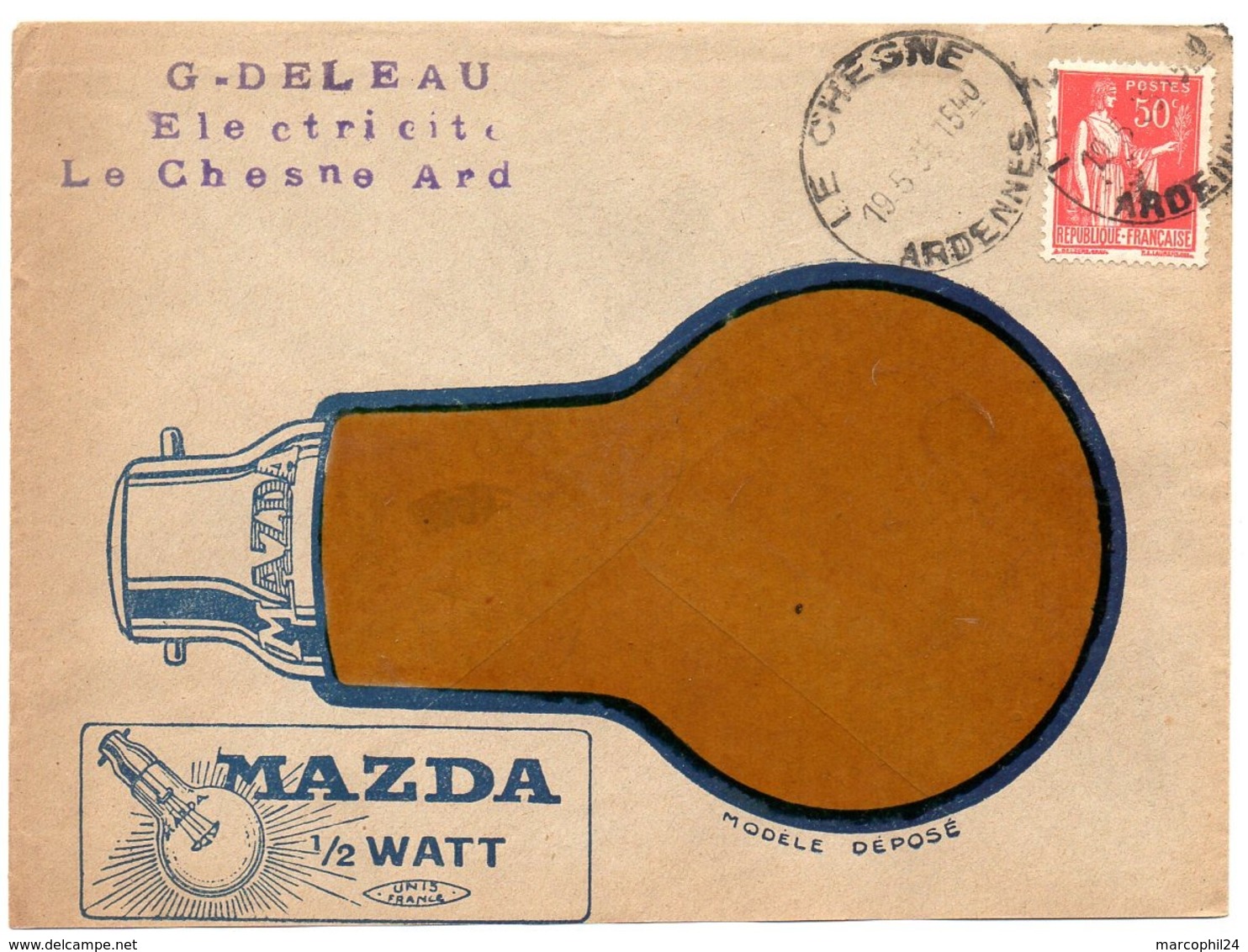 ARDENNES - Dépt N° 08 = LE CHESNE 1935 = CACHET  A5 HOROPLAN + PUBLICITE MAZDA 1/2 WATT - Manual Postmarks