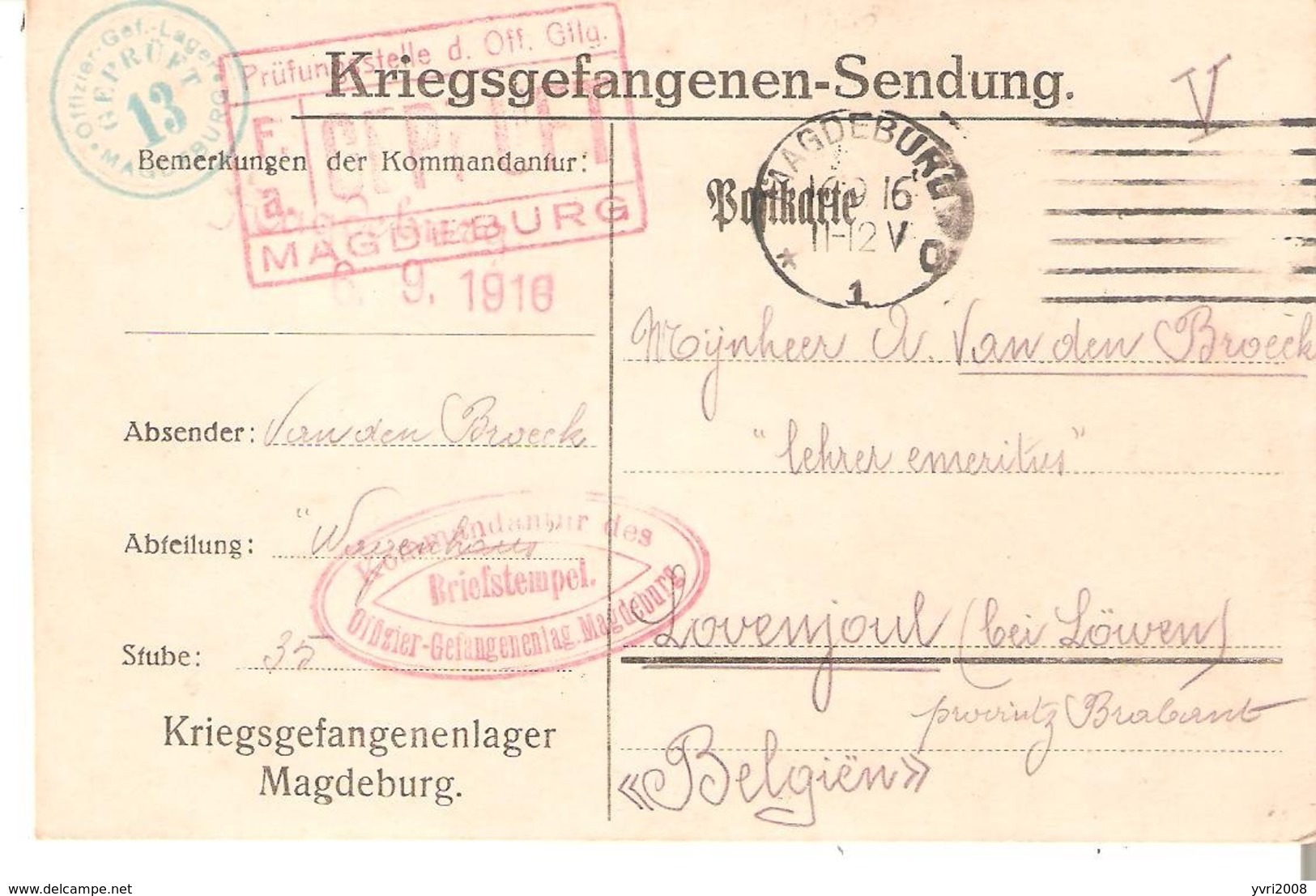 Kriegsgefangenen-Sendung De MAGDEBURG Du 6/9/1916 Vers LOVENJOUL - Prisonniers