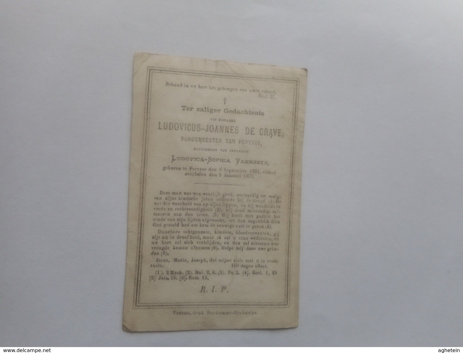 D.P.-LUDOVICUS-J.DE GRAVE -BURGEMEESTER VAN PERVYSE°PERVYSE  6-9-1831+5-1-1865 - Religion & Esotérisme