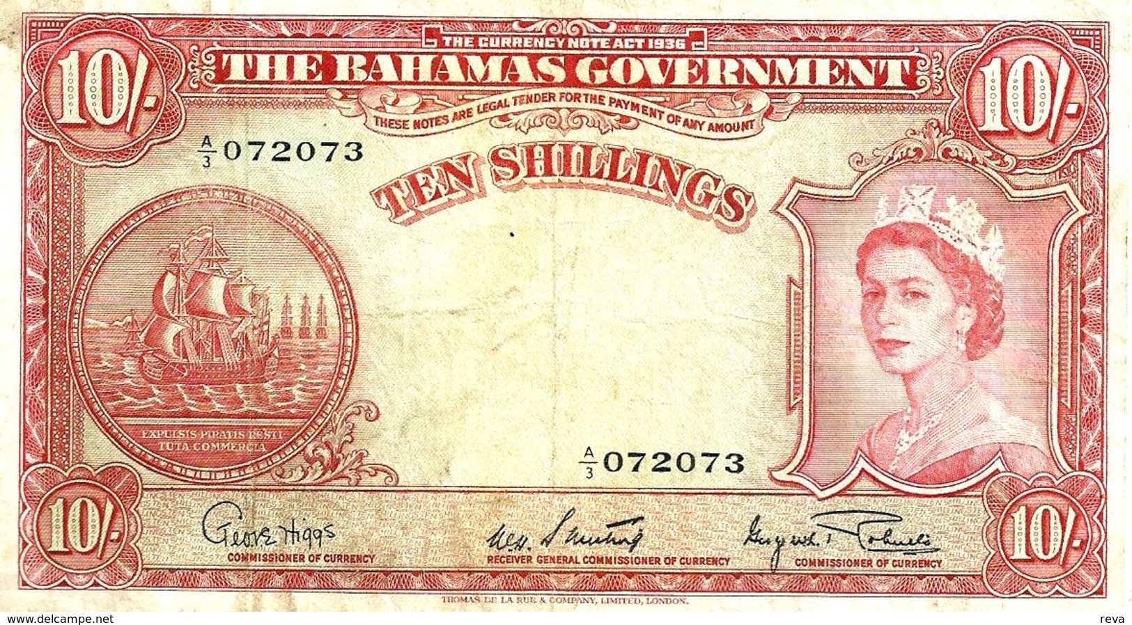 BAHAMAS ISLANDS BRITISH 10 SHILLINGS RED WOMAN QEII HEAD SHIP FRONT ARMS BACK ND(1953) AVF P.14a READ DESCRIPTION !! - Bahamas