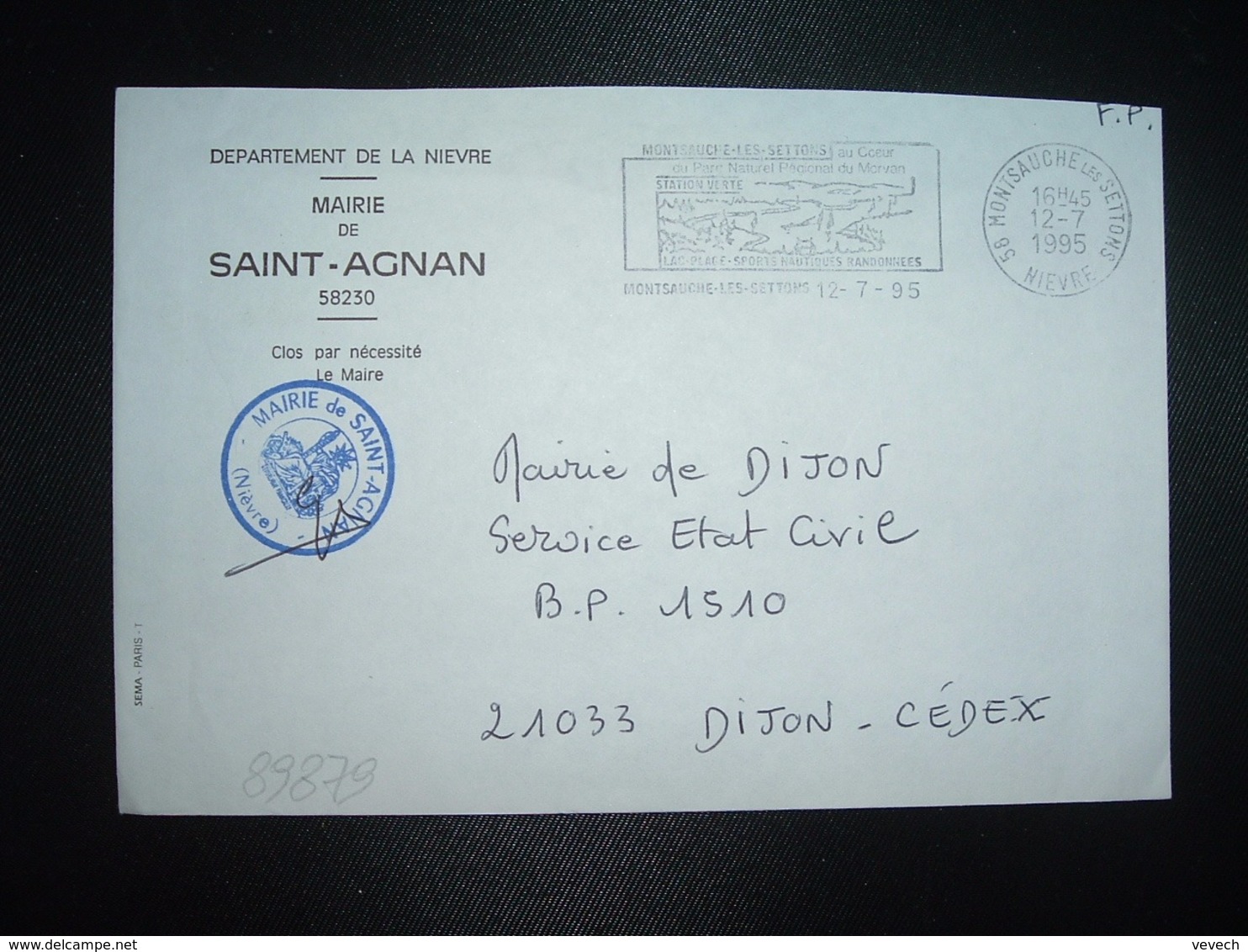 LETTRE MAIRIE SAINT-AGNAN OBL.MEC.12-7 1995 58 MONTSAUCHE LES SETTONS NIEVRE - Altri & Non Classificati