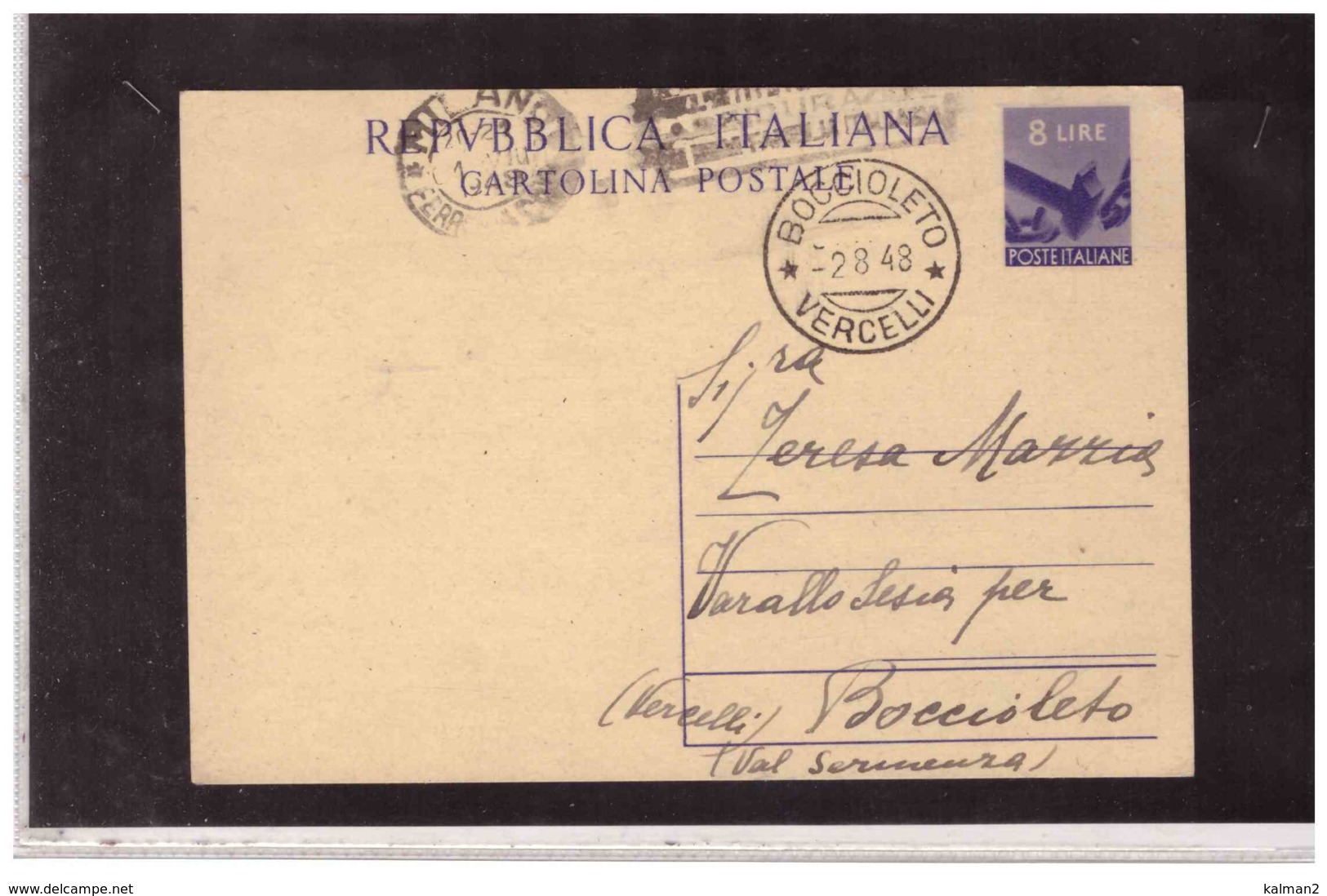 16652   -   BOCCIOLETO 2.8.1948    /    INTERO POSTALE  8 LIRE DEMOCRATICA - Interi Postali