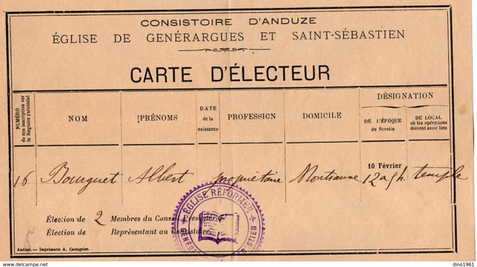 VP15.777 - RARE - Carte D'Electeur - Consistoire D'ANDUZE - Eglise Réformée De GENERARGUES & SAINT - SEBASTIEN - Autres & Non Classés