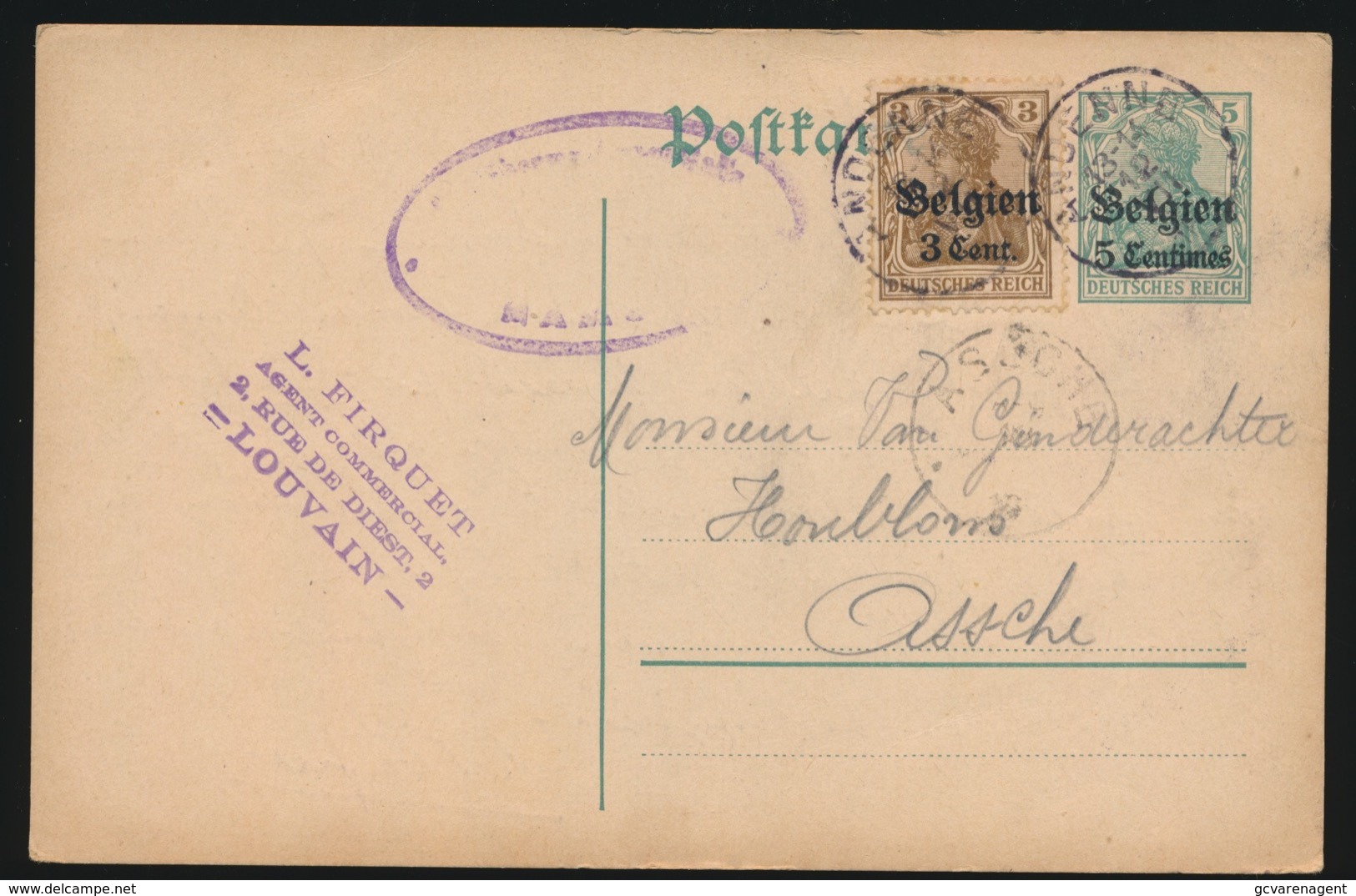 LEUVEN  L.FIRQUET      - DUITSE CONTROLE STEMPEL 1916 - NAAR ASSE -  ZIE 2 AFBEELDINGEN - Asse