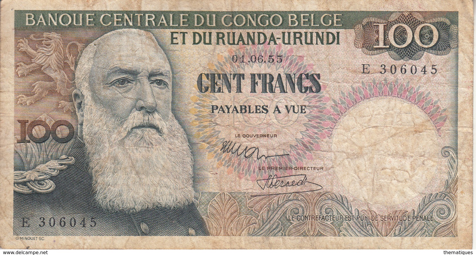 Thematiques Belgique  Banque Du Congo Belge Et Ruanda Urundi Cent Francs Bank Van Belgish Congo Date 01 06 55 - Bank Van Belgisch Kongo