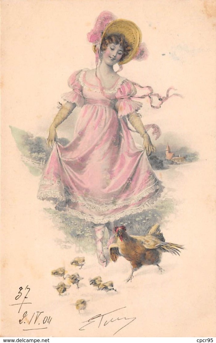 Illustrateur - N°61654 - M.M. Vienne - Jeune Femme Regardant Une Poule Et Ses Poussins - Vienne