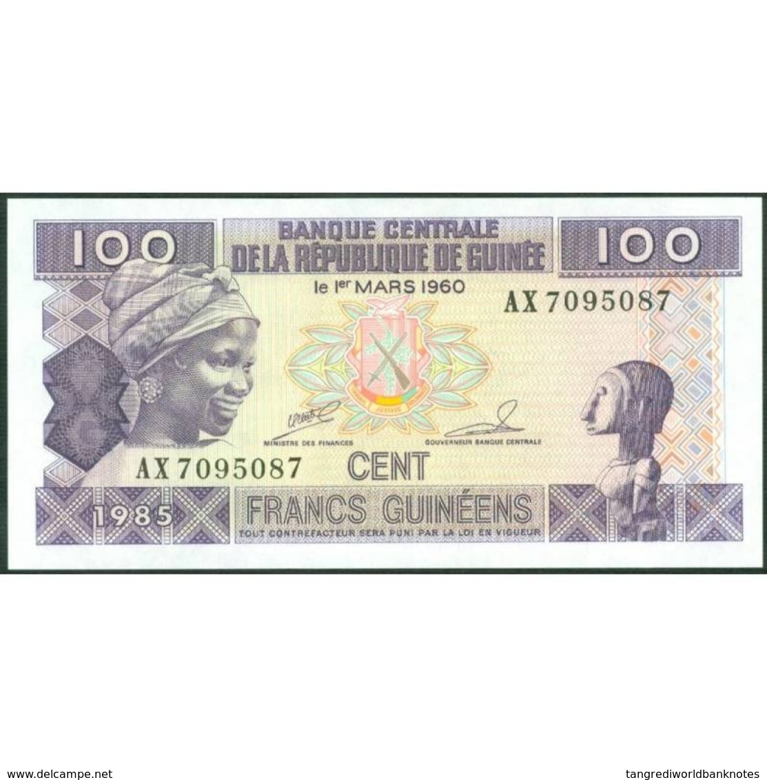 TWN - GUINEA 30a2 - 100 Francs 1985 Prefix AX - Without Serifs﻿ UNC - Guinee