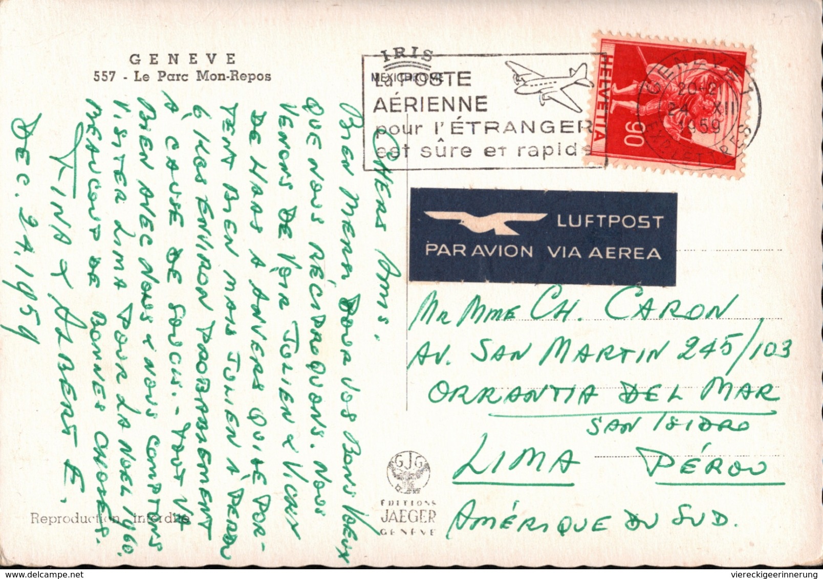 ! 1959 Ansichtskarte Aus Genf, Geneve Nach Lima Peru, Perou - Lettres & Documents